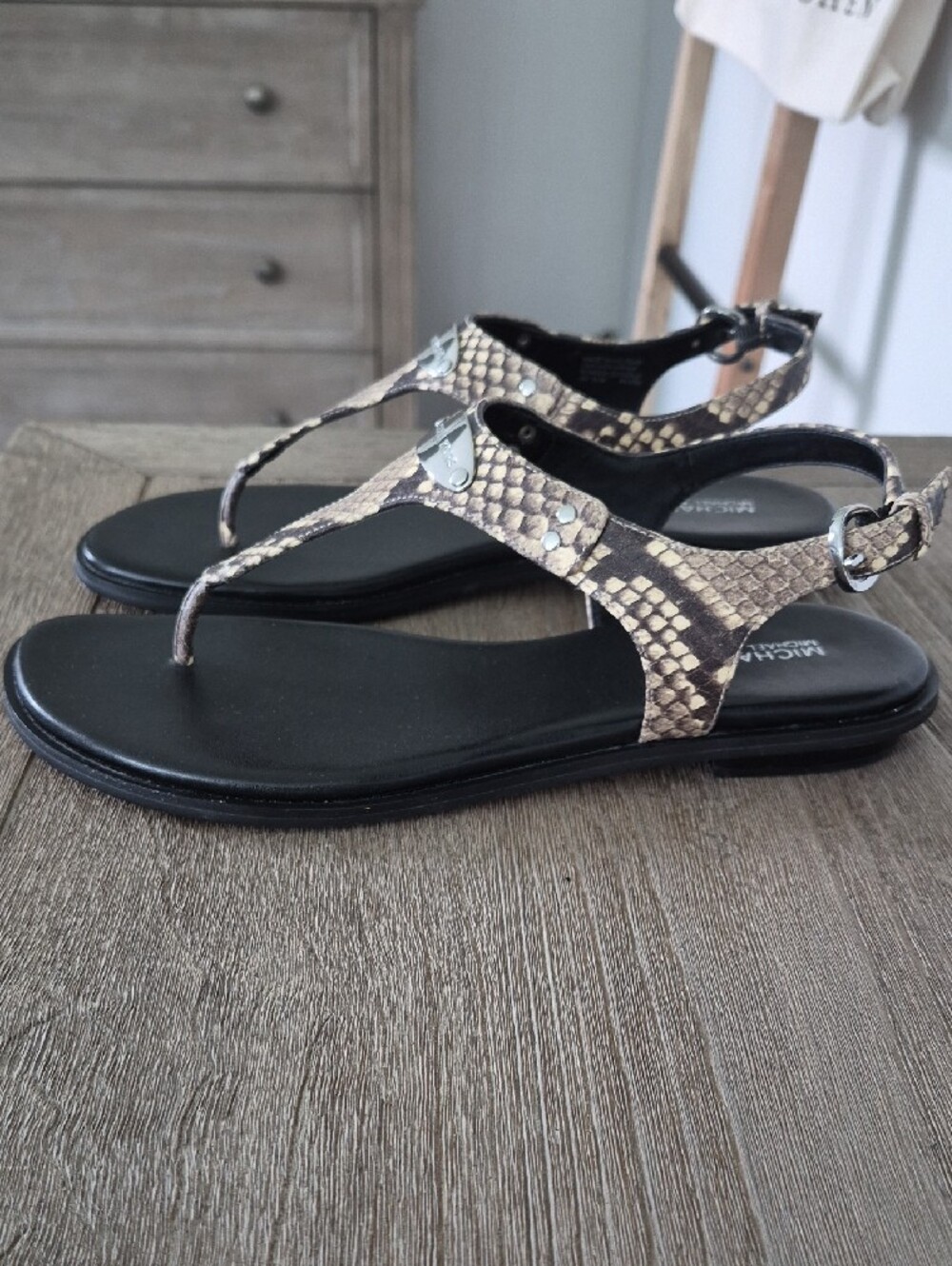 Michael Kors Snake-Print T-Strap Sandals in Black and Brown - Picture 7 of 8
